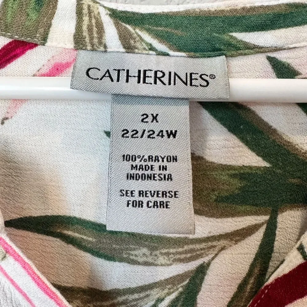Catherines White Green Pink Vibrant Palm Print Sleeveless Blouse - Size 2X EUC